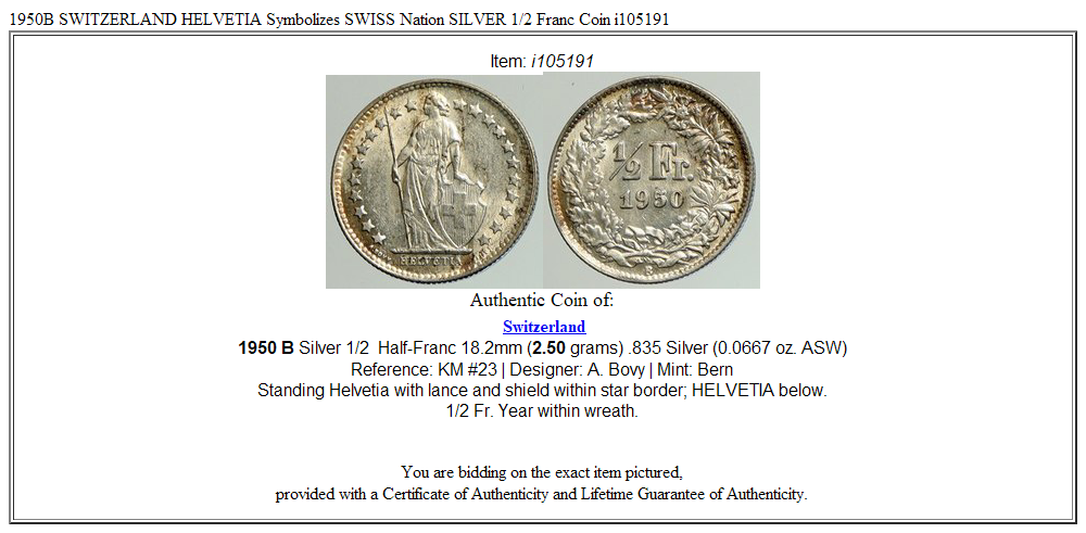 1950B SWITZERLAND HELVETIA Symbolizes SWISS Nation SILVER 1/2 Franc Coin i105191