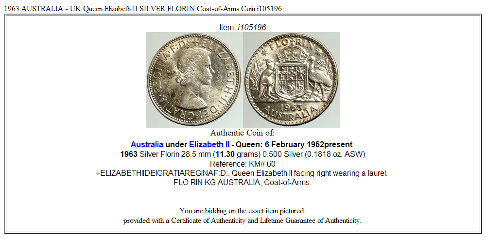 1963 AUSTRALIA - UK Queen Elizabeth II SILVER FLORIN Coat-of-Arms Coin i105196