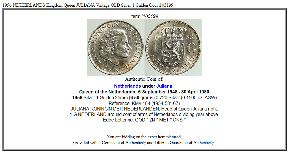 1956 NETHERLANDS Kingdom Queen JULIANA Vintage OLD Silver 1 Gulden Coin i105199