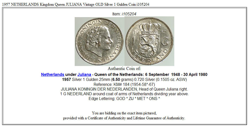 1957 NETHERLANDS Kingdom Queen JULIANA Vintage OLD Silver 1 Gulden Coin i105204