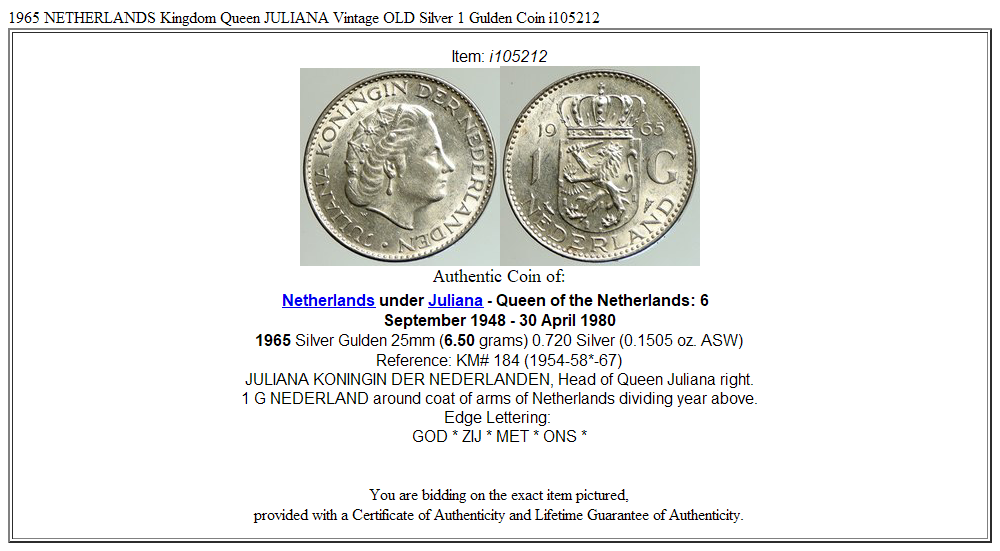 1965 NETHERLANDS Kingdom Queen JULIANA Vintage OLD Silver 1 Gulden Coin i105212