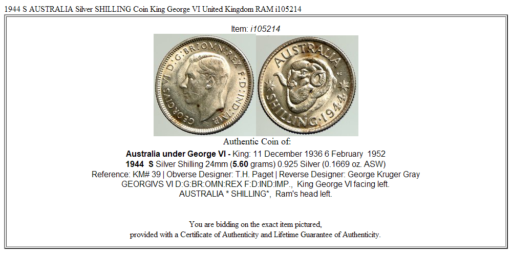 1944 S AUSTRALIA Silver SHILLING Coin King George VI United Kingdom RAM i105214