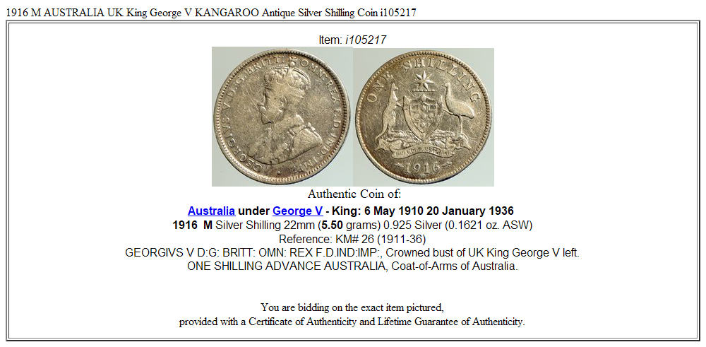 1916 M AUSTRALIA UK King George V KANGAROO Antique Silver Shilling Coin i105217