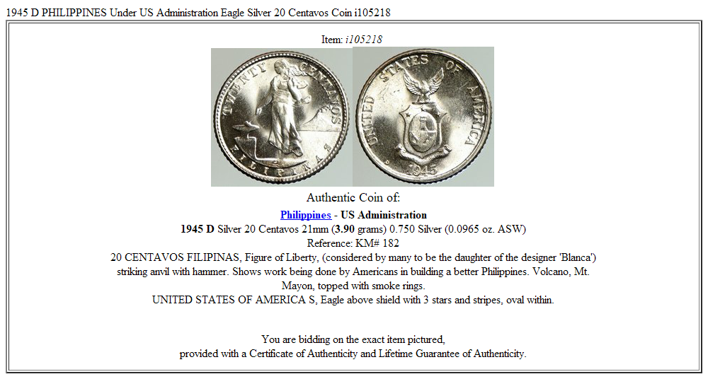 1945 D PHILIPPINES Under US Administration Eagle Silver 20 Centavos Coin i105218