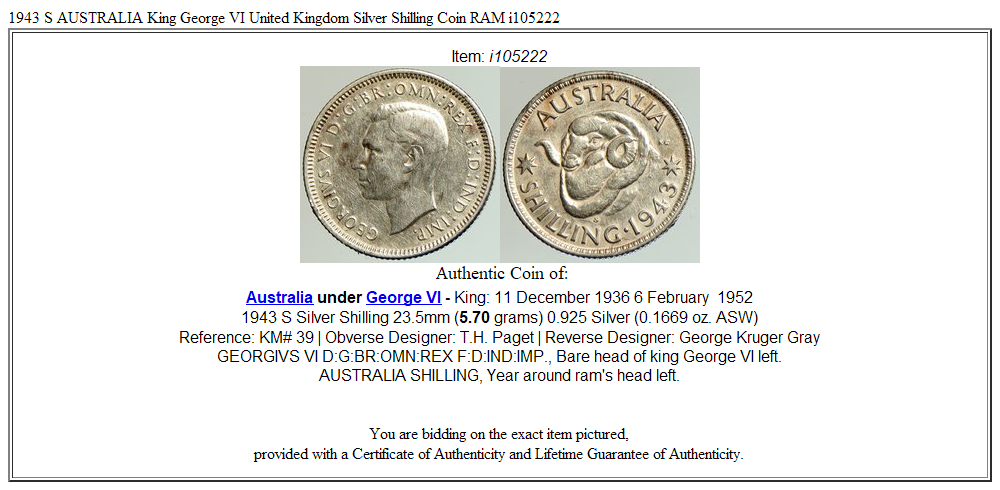 1943 S AUSTRALIA King George VI United Kingdom Silver Shilling Coin RAM i105222