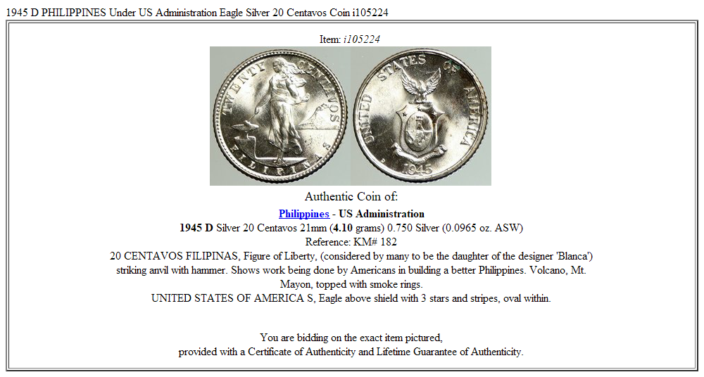 1945 D PHILIPPINES Under US Administration Eagle Silver 20 Centavos Coin i105224