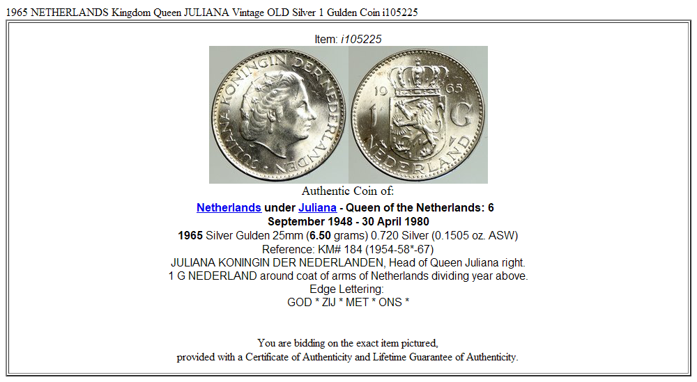 1965 NETHERLANDS Kingdom Queen JULIANA Vintage OLD Silver 1 Gulden Coin i105225