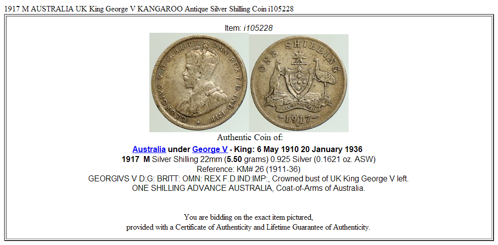 1917 M AUSTRALIA UK King George V KANGAROO Antique Silver Shilling Coin i105228