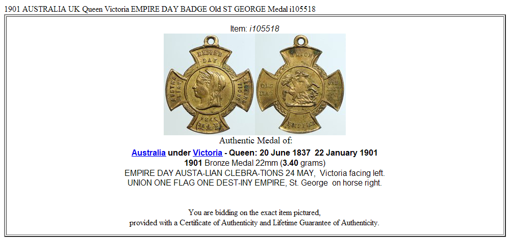 1901 AUSTRALIA UK Queen Victoria EMPIRE DAY BADGE Old ST GEORGE Medal i105518