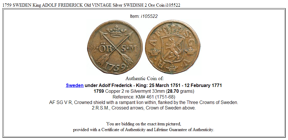 1759 SWEDEN King ADOLF FREDERICK Old VINTAGE Silver SWEDISH 2 Ore Coin i105522