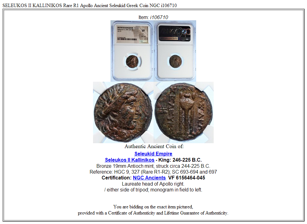 SELEUKOS II KALLINIKOS Rare R1 Apollo Ancient Seleukid Greek Coin NGC i106710