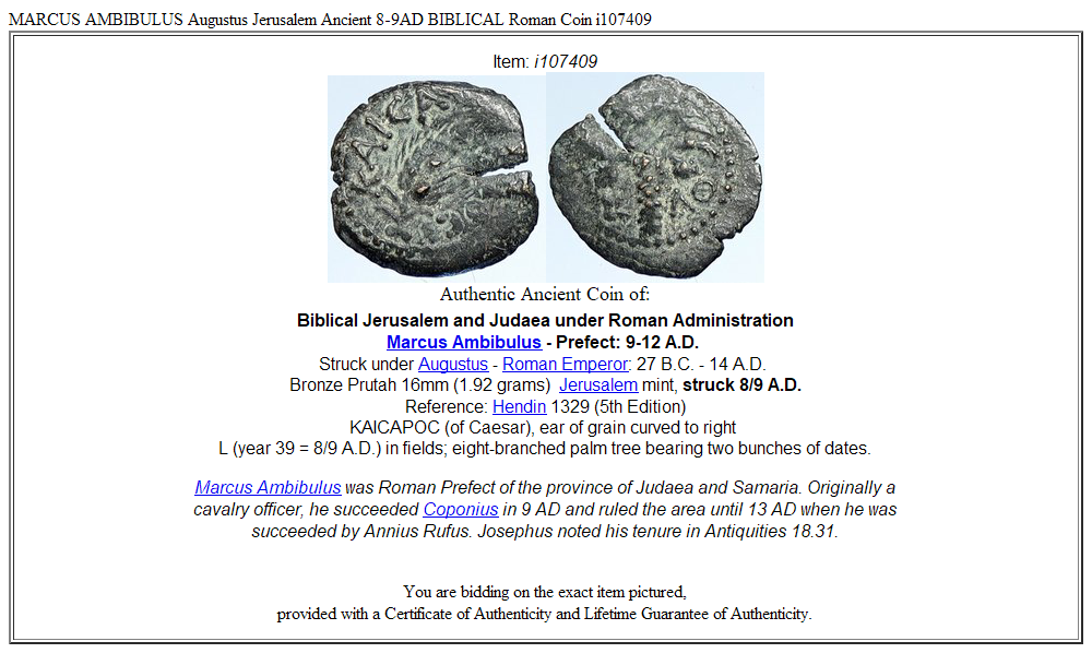MARCUS AMBIBULUS Augustus Jerusalem Ancient 8-9AD BIBLICAL Roman Coin i107409