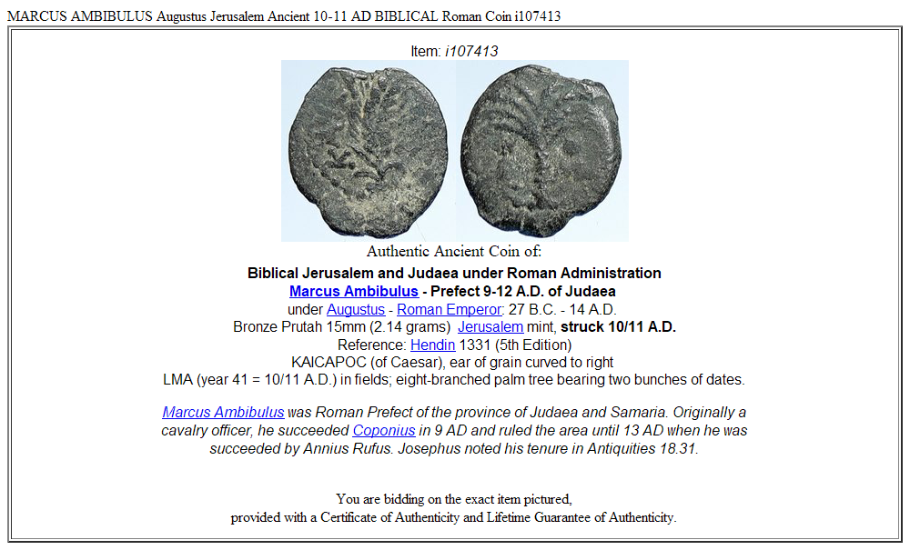 MARCUS AMBIBULUS Augustus Jerusalem Ancient 10-11 AD BIBLICAL Roman Coin i107413