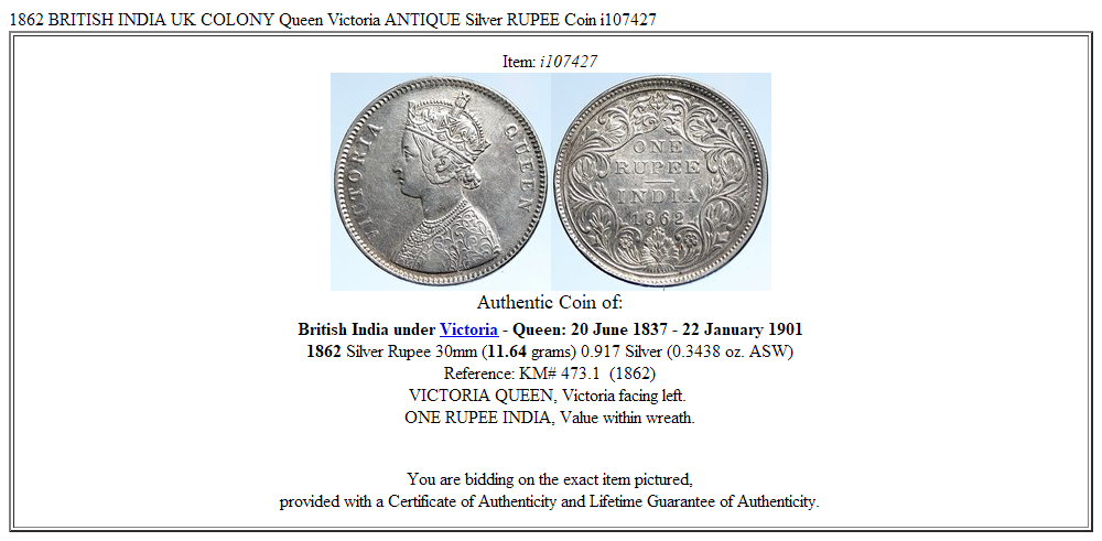 1862 BRITISH INDIA UK COLONY Queen Victoria ANTIQUE Silver RUPEE Coin i107427