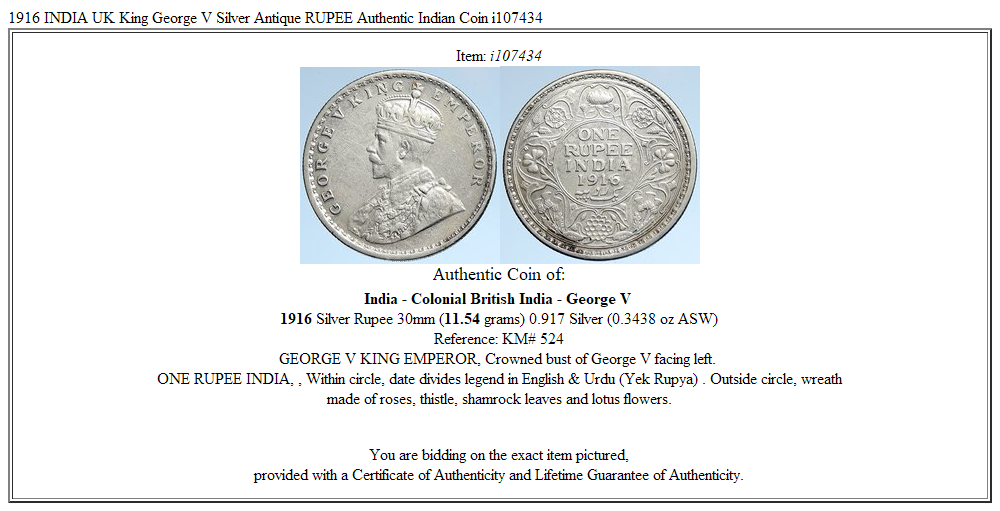 1916 INDIA UK King George V Silver Antique RUPEE Authentic Indian Coin i107434