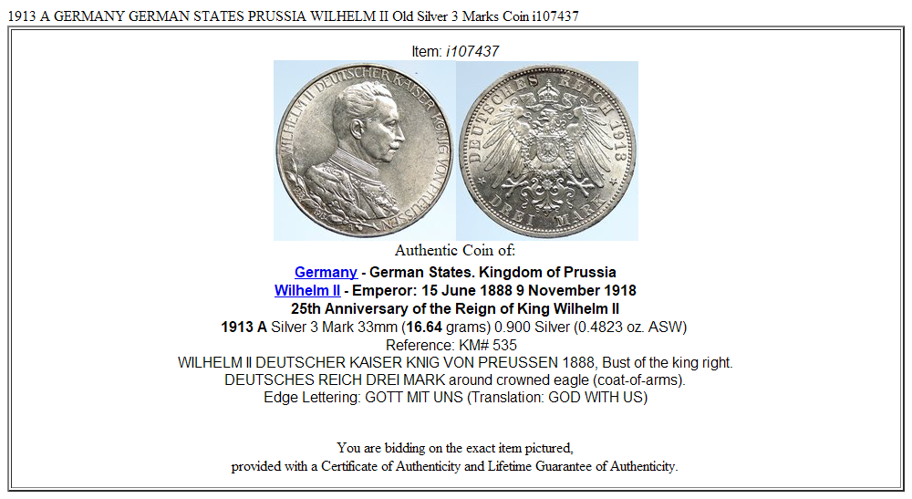 1913 A GERMANY GERMAN STATES PRUSSIA WILHELM II Old Silver 3 Marks Coin i107437