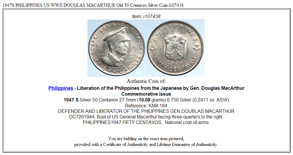 1947S PHILIPPINES US WWII DOUGLAS MACARTHUR Old 50 Centavos Silver Coin i107438