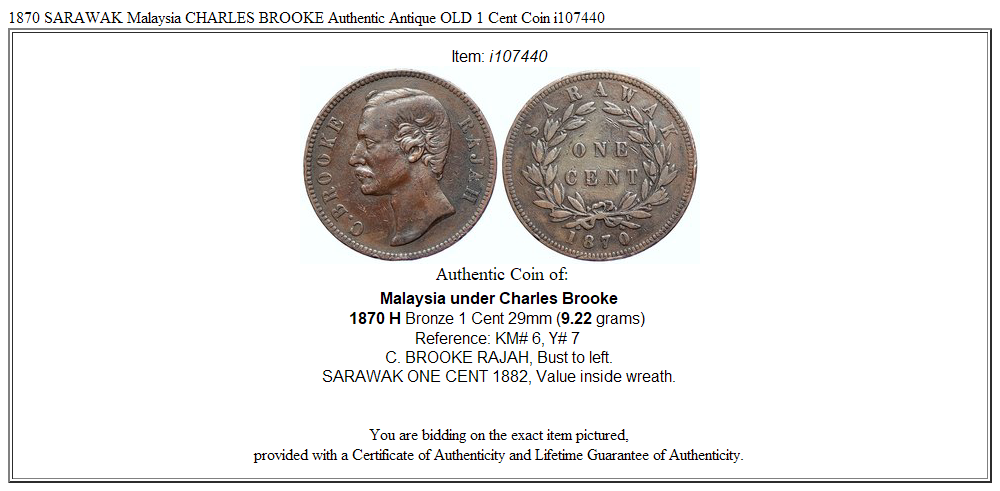 1870 SARAWAK Malaysia CHARLES BROOKE Authentic Antique OLD 1 Cent Coin i107440