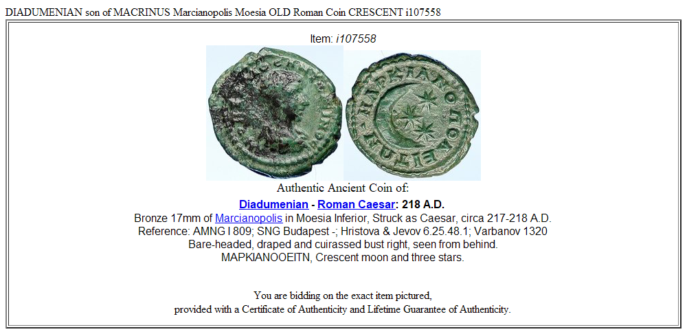 DIADUMENIAN son of MACRINUS Marcianopolis Moesia OLD Roman Coin CRESCENT i107558