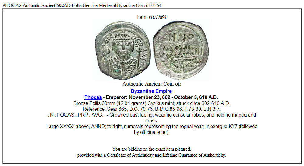 PHOCAS Authentic Ancient 602AD Follis Genuine Medieval Byzantine Coin i107564