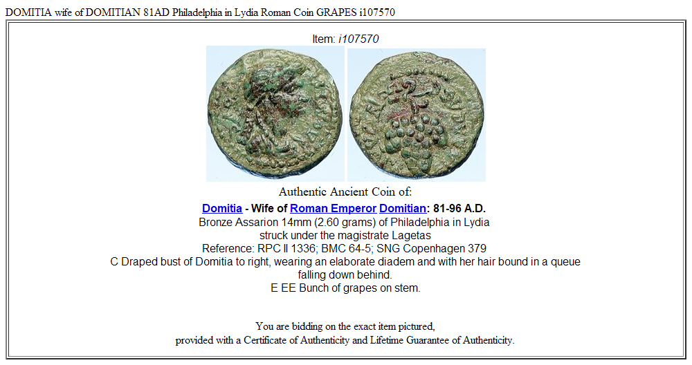 DOMITIA wife of DOMITIAN 81AD Philadelphia in Lydia Roman Coin GRAPES i107570