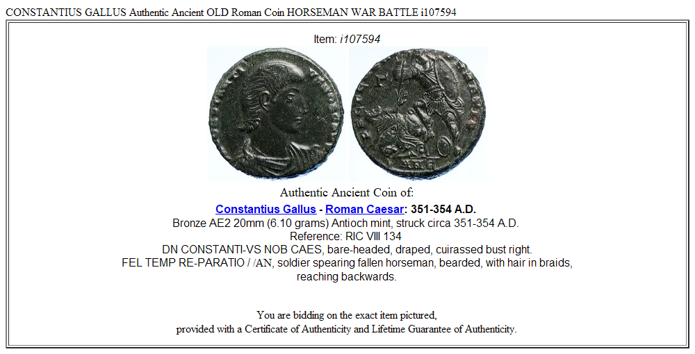 CONSTANTIUS GALLUS Authentic Ancient OLD Roman Coin HORSEMAN WAR BATTLE i107594