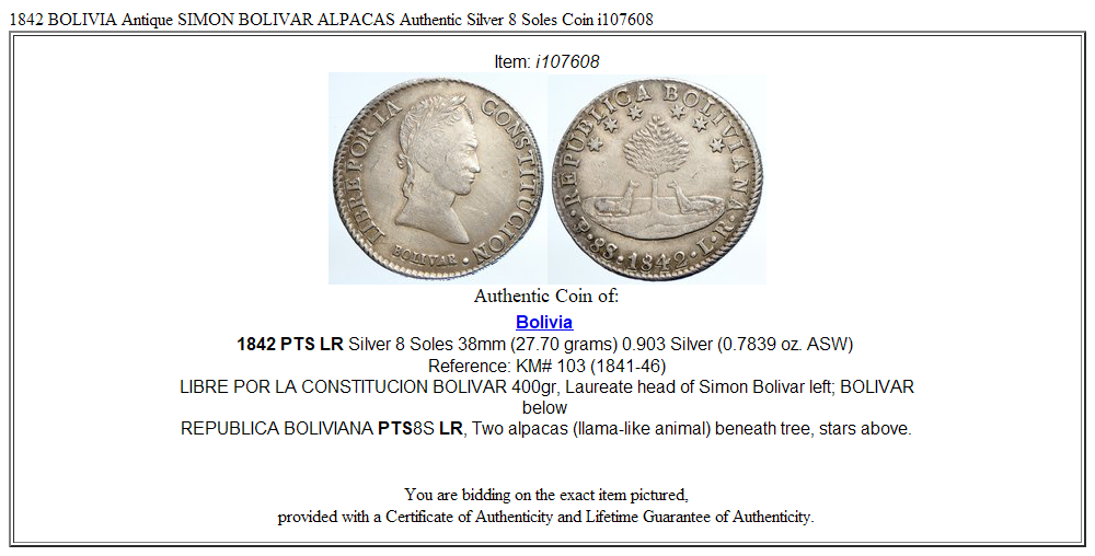 1842 BOLIVIA Antique SIMON BOLIVAR ALPACAS Authentic Silver 8 Soles Coin i107608