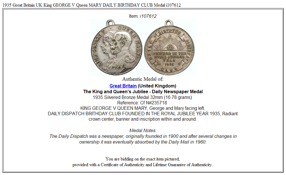 1935 Great Britain UK King GEORGE V Queen MARY DAILY BIRTHDAY CLUB Medal i107612