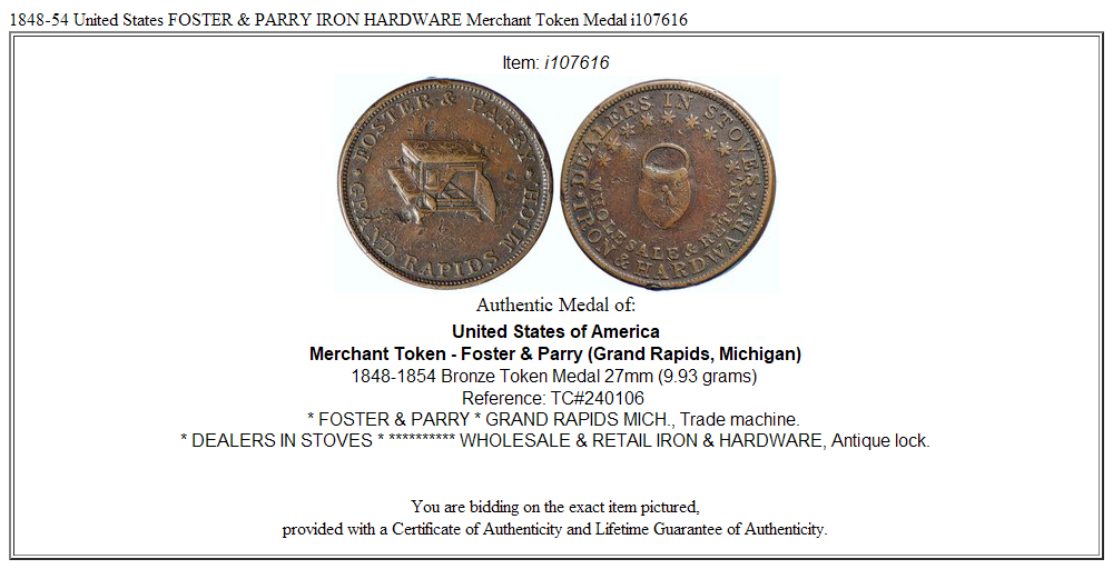 1848-54 United States FOSTER & PARRY IRON HARDWARE Merchant Token Medal i107616