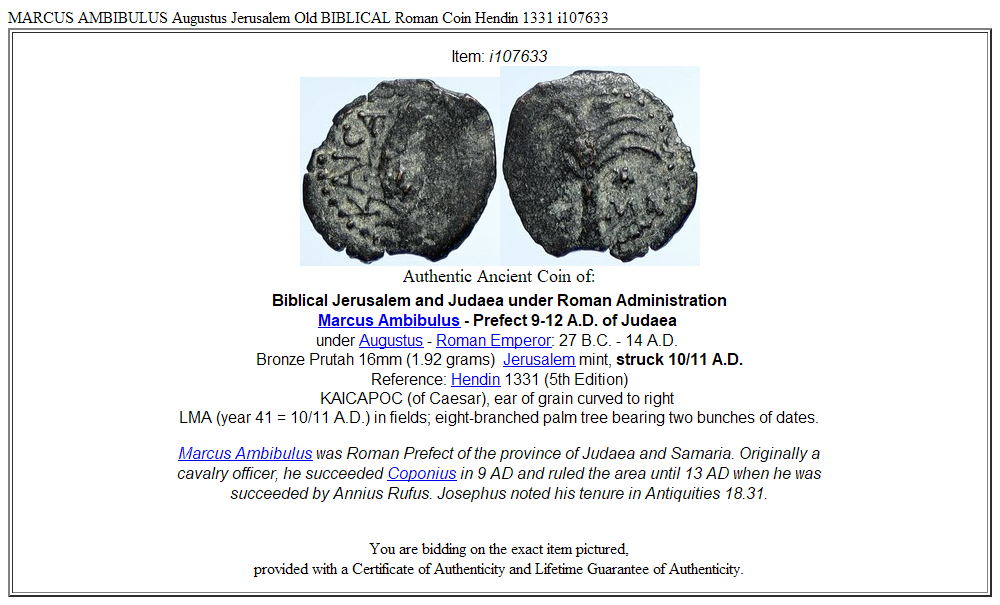 MARCUS AMBIBULUS Augustus Jerusalem Old BIBLICAL Roman Coin Hendin 1331 i107633