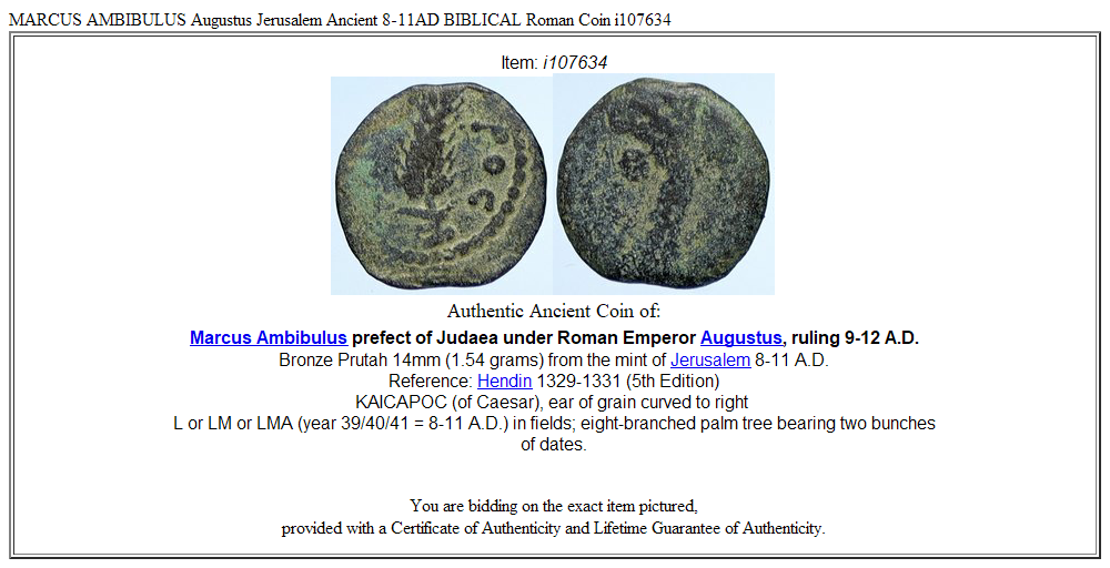 MARCUS AMBIBULUS Augustus Jerusalem Ancient 8-11AD BIBLICAL Roman Coin i107634