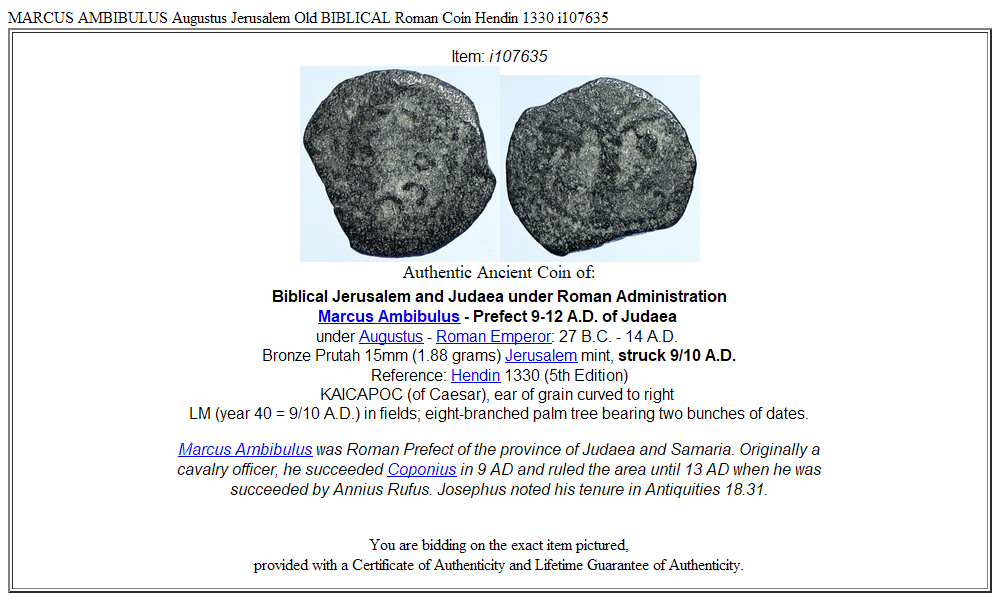 MARCUS AMBIBULUS Augustus Jerusalem Old BIBLICAL Roman Coin Hendin 1330 i107635