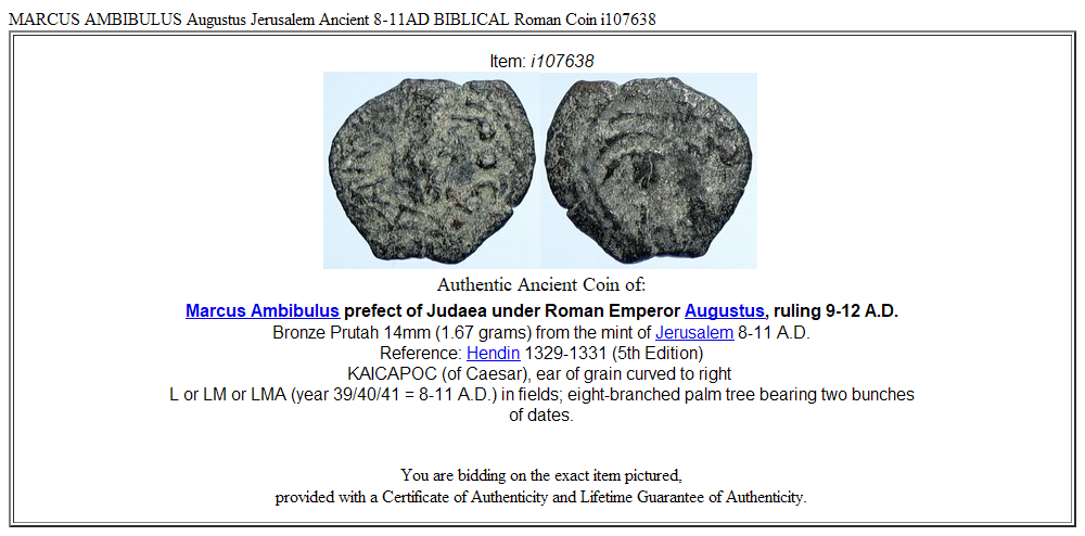 MARCUS AMBIBULUS Augustus Jerusalem Ancient 8-11AD BIBLICAL Roman Coin i107638