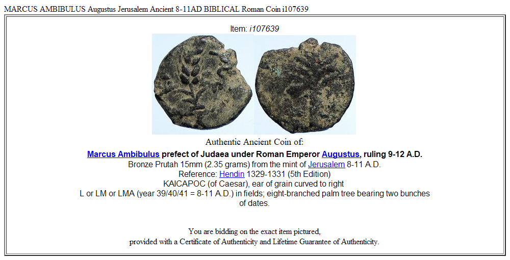 MARCUS AMBIBULUS Augustus Jerusalem Ancient 8-11AD BIBLICAL Roman Coin i107639