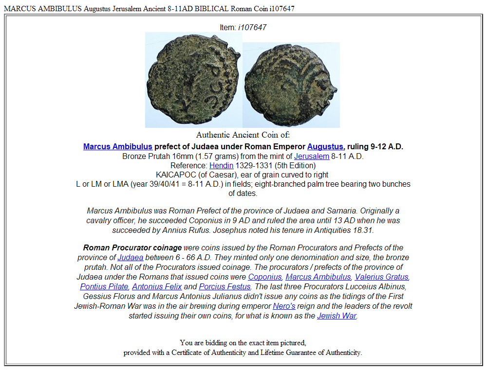 MARCUS AMBIBULUS Augustus Jerusalem Ancient 8-11AD BIBLICAL Roman Coin i107647