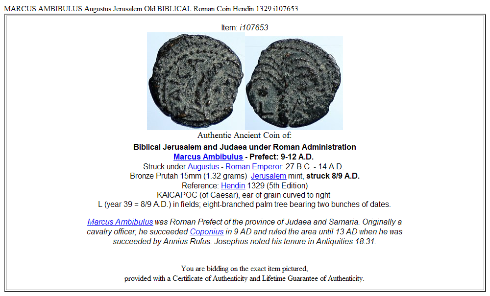 MARCUS AMBIBULUS Augustus Jerusalem Old BIBLICAL Roman Coin Hendin 1329 i107653