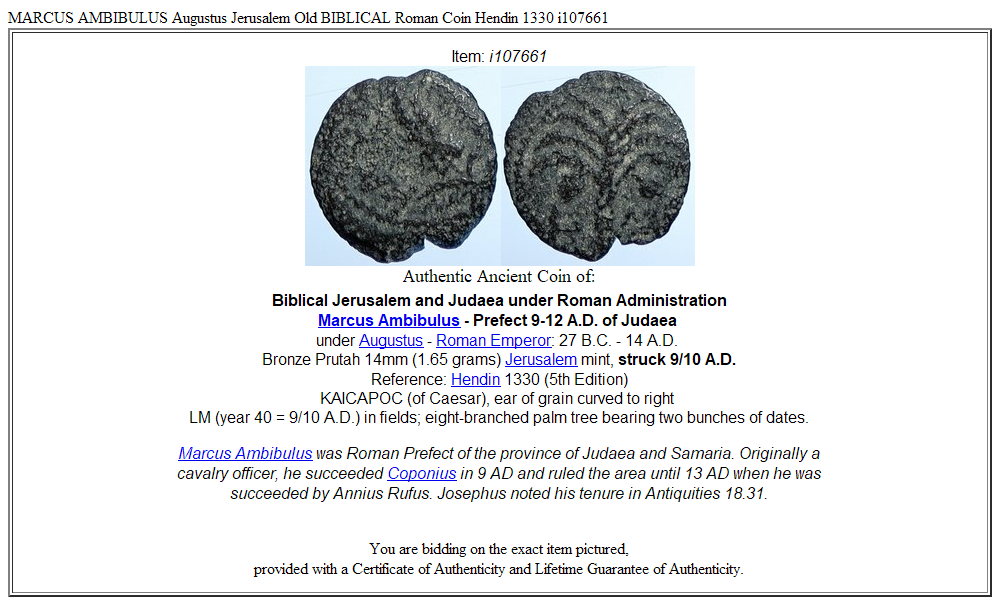 MARCUS AMBIBULUS Augustus Jerusalem Old BIBLICAL Roman Coin Hendin 1330 i107661