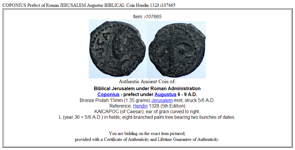 COPONIUS Prefect of Roman JERUSALEM Augustus BIBLICAL Coin Hendin 1328 i107665