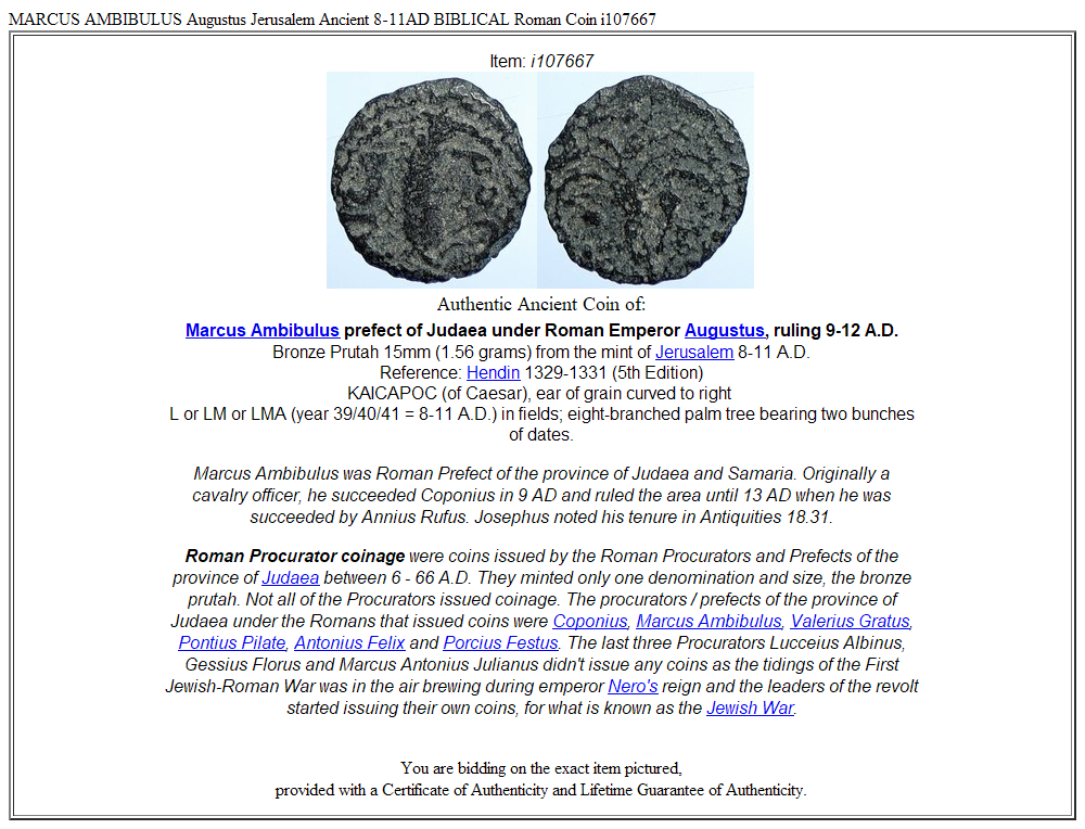 MARCUS AMBIBULUS Augustus Jerusalem Ancient 8-11AD BIBLICAL Roman Coin i107667