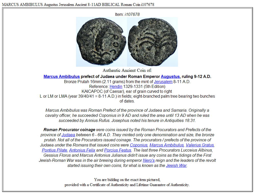 MARCUS AMBIBULUS Augustus Jerusalem Ancient 8-11AD BIBLICAL Roman Coin i107678