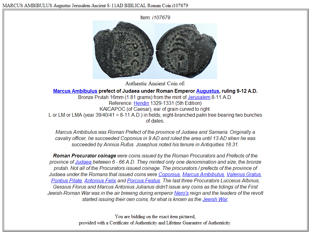 MARCUS AMBIBULUS Augustus Jerusalem Ancient 8-11AD BIBLICAL Roman Coin i107679