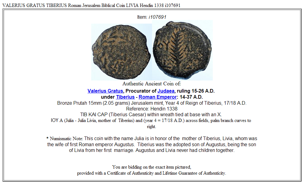 VALERIUS GRATUS TIBERIUS Roman Jerusalem Biblical Coin LIVIA Hendin 1338 i107691