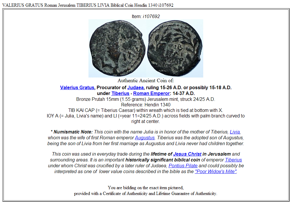 VALERIUS GRATUS Roman Jerusalem TIBERIUS LIVIA Biblical Coin Hendin 1340 i107692