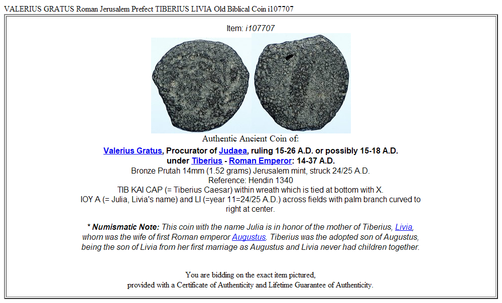 VALERIUS GRATUS Roman Jerusalem Prefect TIBERIUS LIVIA Old Biblical Coin i107707