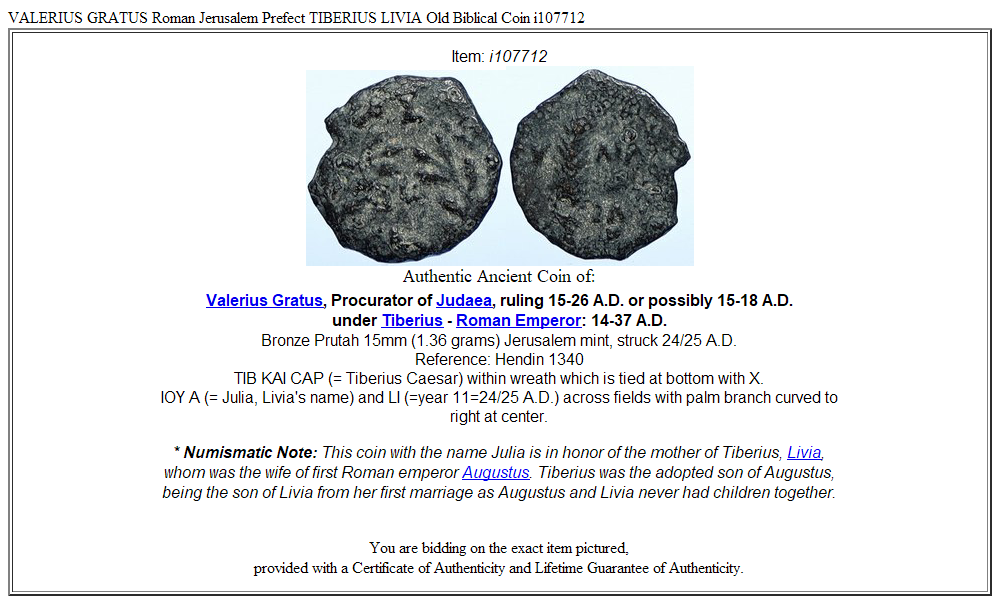 VALERIUS GRATUS Roman Jerusalem Prefect TIBERIUS LIVIA Old Biblical Coin i107712