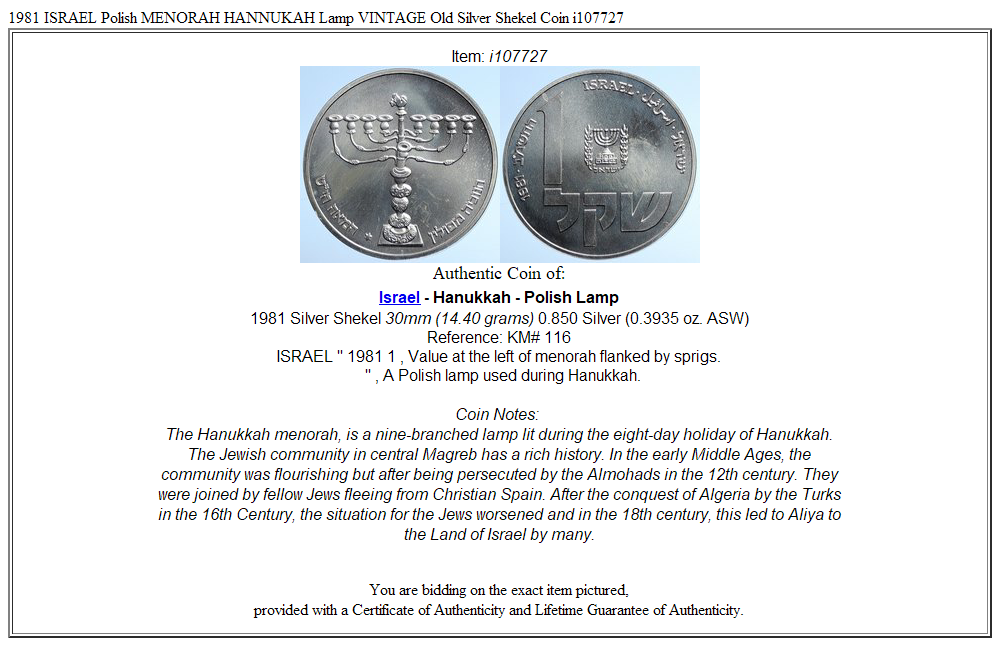 1981 ISRAEL Polish MENORAH HANNUKAH Lamp VINTAGE Old Silver Shekel Coin i107727