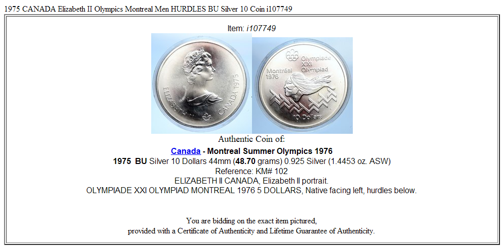 1975 CANADA Elizabeth II Olympics Montreal Men HURDLES BU Silver 10 Coin i107749