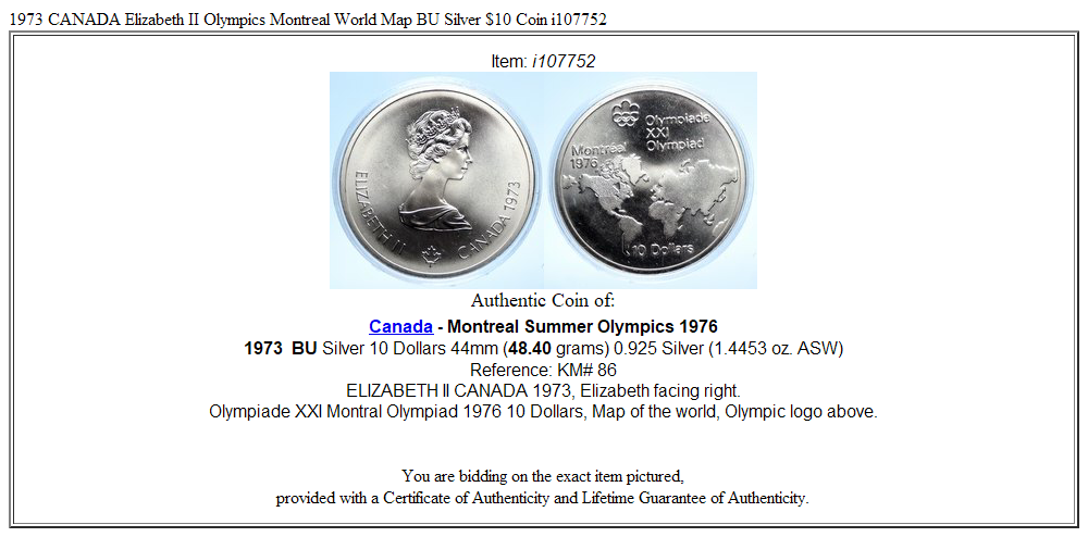 1973 CANADA Elizabeth II Olympics Montreal World Map BU Silver $10 Coin i107752