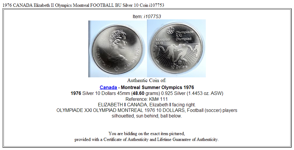 1976 CANADA Elizabeth II Olympics Montreal FOOTBALL BU Silver 10 Coin i107753