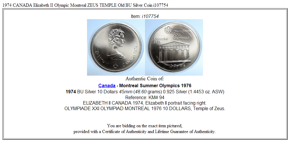 1974 CANADA Elizabeth II Olympic Montreal ZEUS TEMPLE Old BU Silver Coin i107754